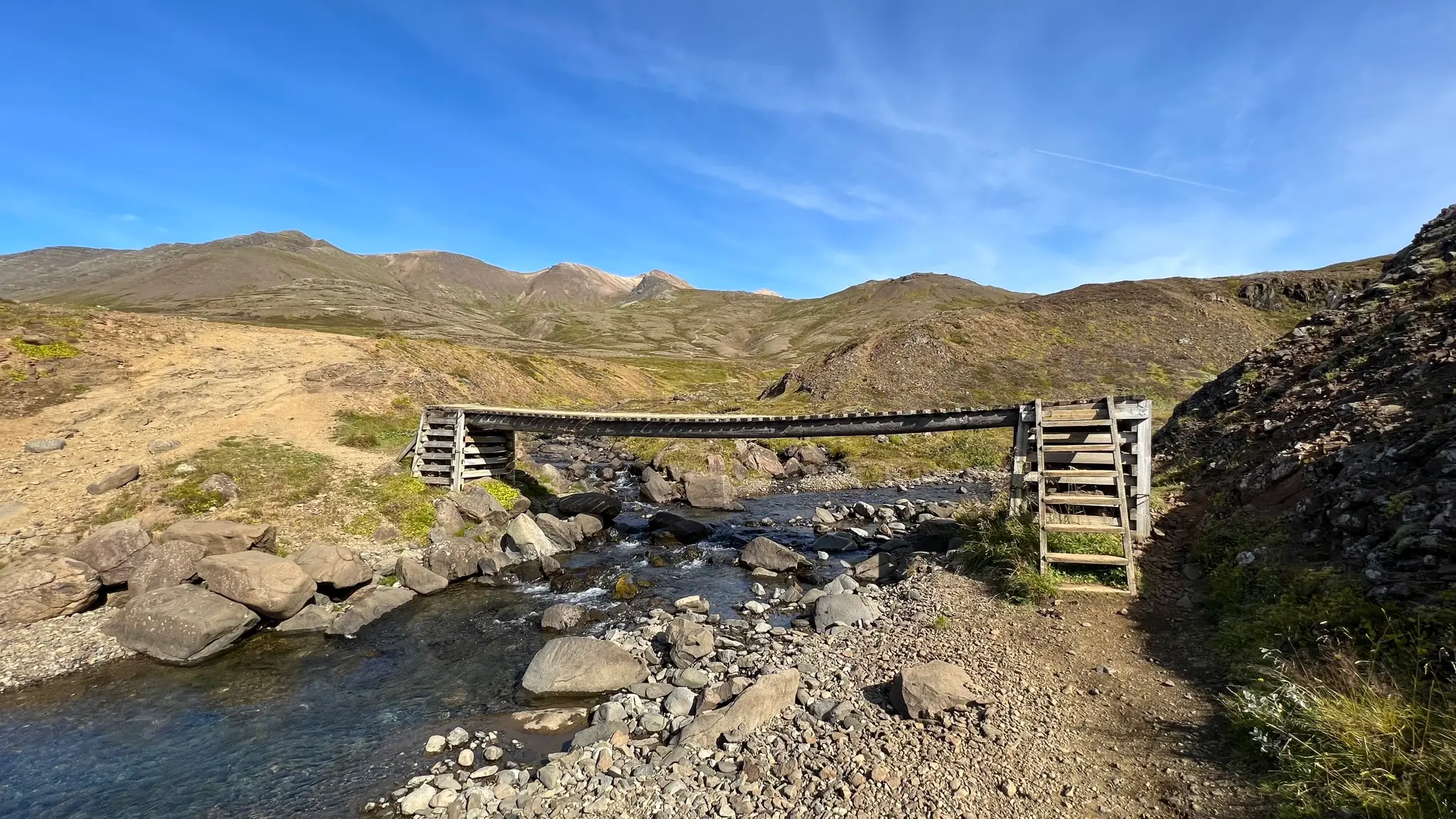 Cross Skarðsá via footbridge