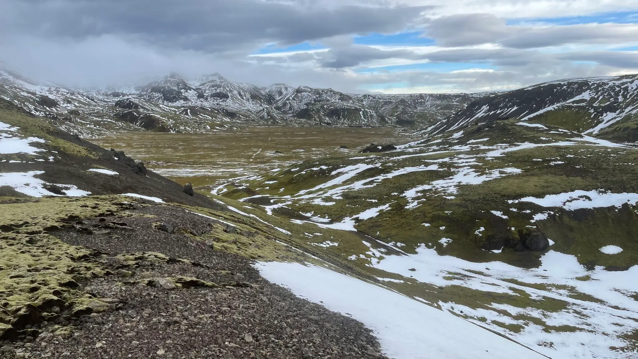 Looking down at Innstidalur from the ridge