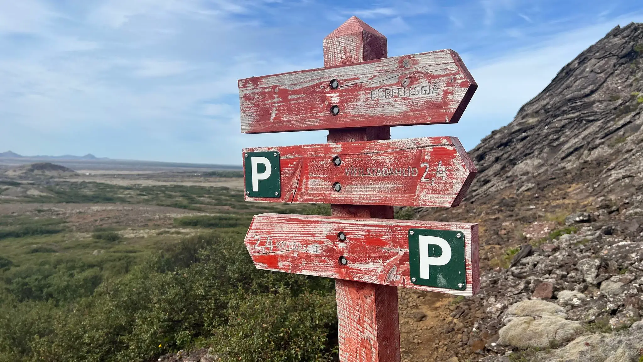 Weathered sign south of Búrfell
