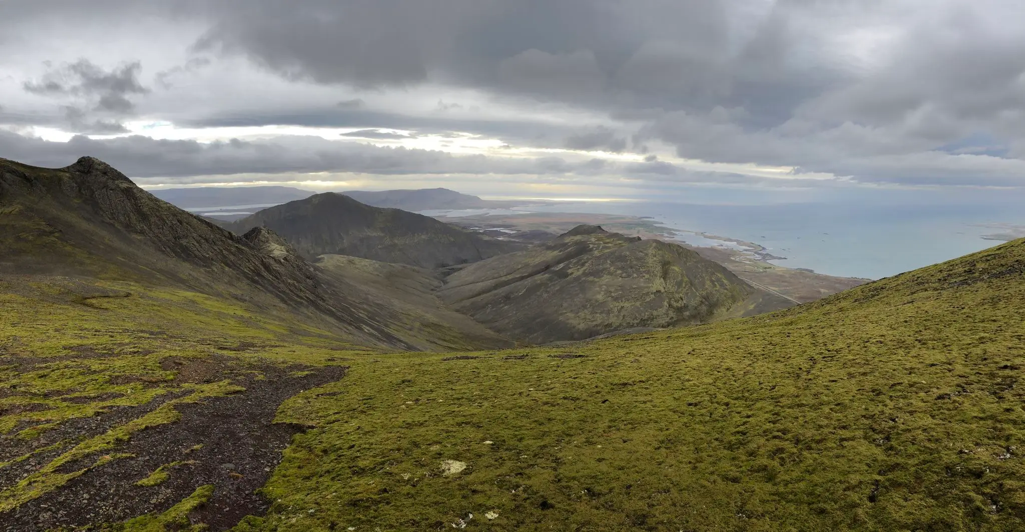 View to the south with Blákollur in the mid ground and Akrafjall in the background