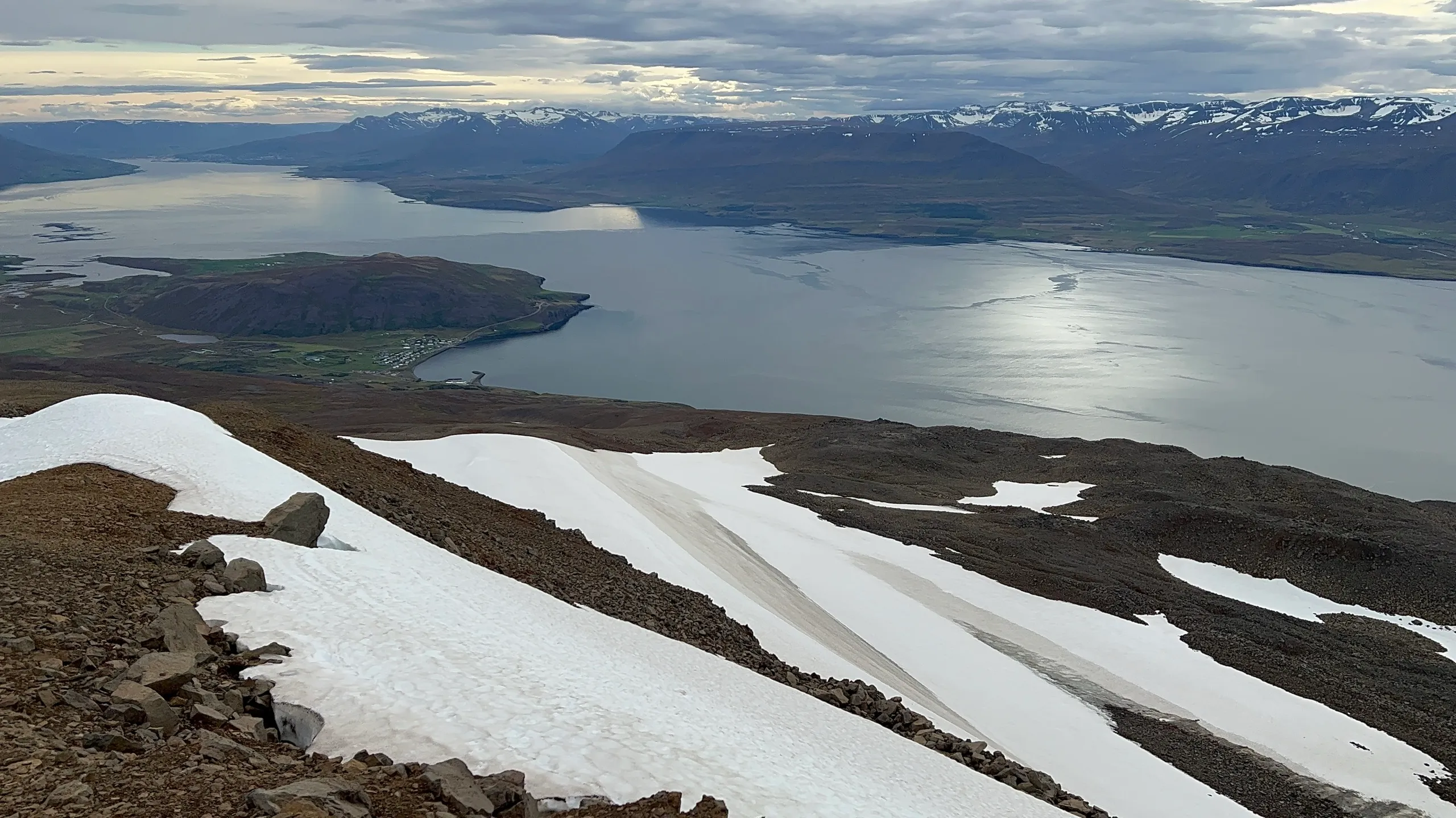 Bare scree and lingering snowfields on the upper slopes of Kaldbakur, high above Eyjafjörður